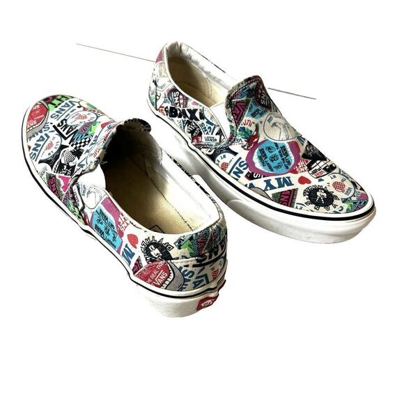 Vans Off The Wall Men 8.5 Slip On Skater Sneaker Shoe Sticker Mash-Up BMX Canvas - Picture 3 of 10